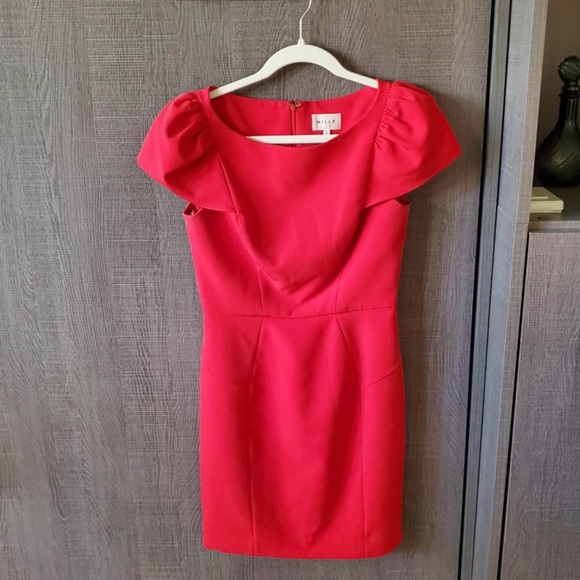 Milly Gather Short Sleeve Italian Cady Lipstick Red Mini Dress - Picture 3 of 10